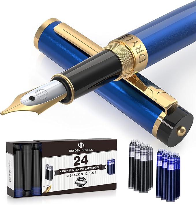 Dryden Designs Fountain Pen Medium Nib Gift Pouch - with 24 Ink Cartridges - MCM (Blue)