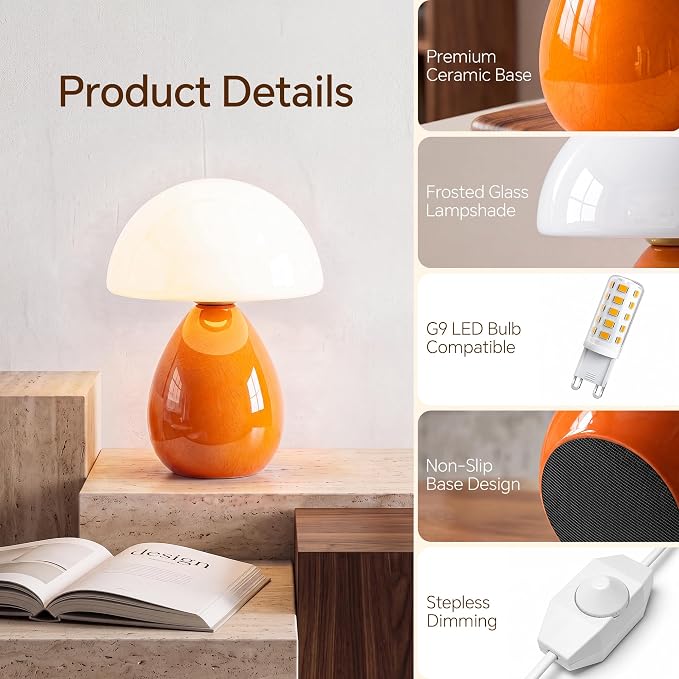 Mushroom Lamp Table Lamp for Bedroom-Small Desk Table Lamps,Orange | Ice Crackle 8.7" Mid Century Modern Table Lamps for Living Room Bedroom Decor,Ceramic Lamps for Home Room Decor,Glass Shade