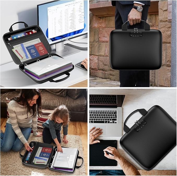 Fireproof Binder Organizer with 20 Pack Binder Pockets & Lock,Black | Important Document Box with Zipper,Water Resistant Hard Case, Portable Home Office Safe Storage Protection for Letter Size