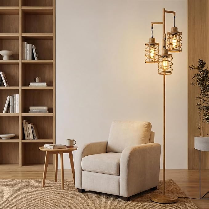 70" Industrial Floor Lamp, Stepless Dimmable Standing Lamp with 3 Bulbs, Farmhouse Corner Standing Tree Lamp for Living Room, Tall Lamps for Bedroom, Office, Study Room, Dining Room, Wood Grain