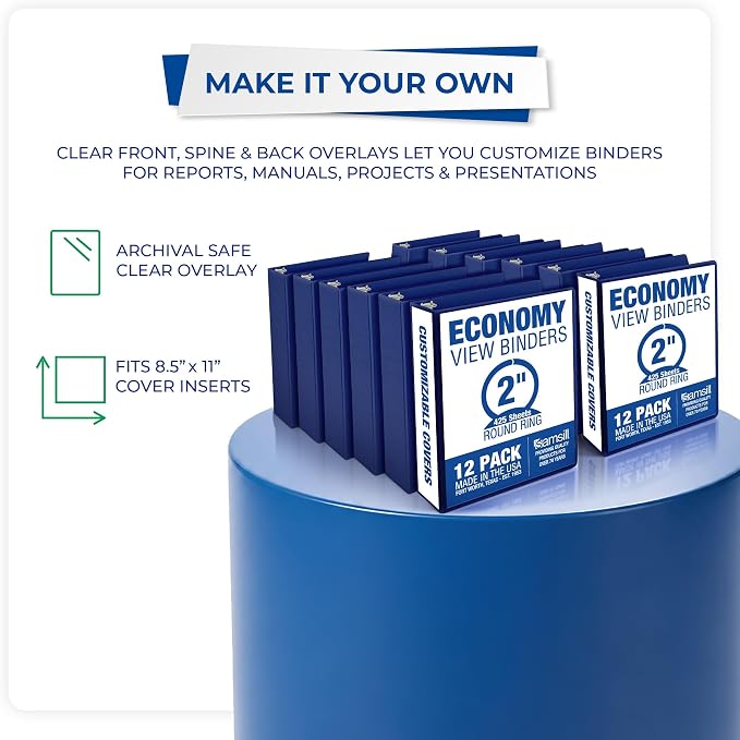 Samsill 2 Inch 3 Ring Binders, Economy Round Ring, Clear View Cover, 425 Sheet Capacity - for School, Home, Office - Blue, 12 Pack