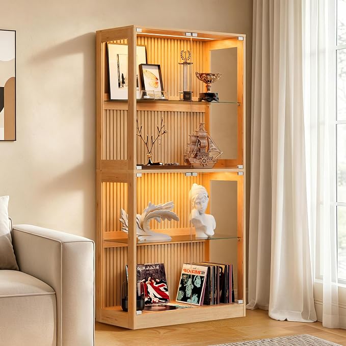 AMERLIFE 32-Inch RGB Display Cabinet with Glass Shelves | 70 H x 32 W x 16 D In, 4-Tier Storage, RGB LED Lights, Press-to-Open Doors, for Collectibles, Wood-Grain Slatted Finish