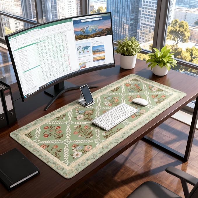 XXL Large Floral Mouse Pad - Sage Green Flower Desk Mat with Stitched Edges & Anti-Slip Base, Computer Keyboard Mat for Office & Home, Desk Decor for Women