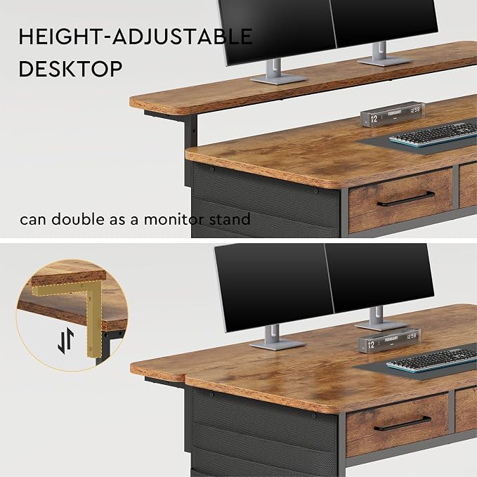 Small Desk with Drawers, 31.5X15.8-22.9 Inches Office Computer Desk with Side Pocket & Ergonomic Monitor Stand, Writing Table for Small Spaces, Bedroom, Kids Desk, Vanity Desk, Rustic Brown