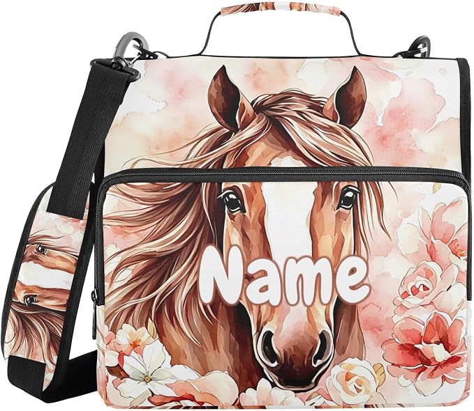 Custom Brown Horse Watercolor Flower 3 Ring Binder Bag 1.5 inch Personalized Name Binder Organizer 500 Sheet Documents Storage for School Office