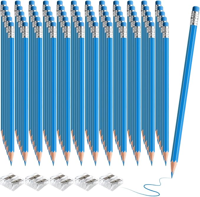 60 PCS Light Blue Pencils Bulk with Eraser, Pre-Sharpened HB Pencils for Writing & Drawing, School Supplies for Kids Homework, Tests, Art Crafts & Teacher Grading (Light Blue)