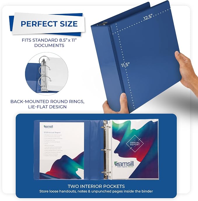 Samsill 3 Inch 3 Ring Binders, Economy Round Ring, Clear View Cover, 550 Sheet Capacity - for School, Home, Office - Blue, 12 Pack