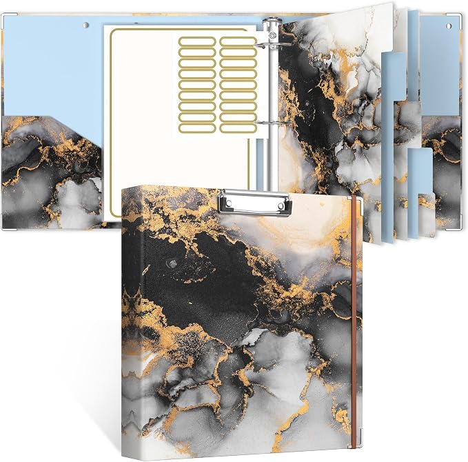 Rouidr 3 Ring Binder, 2 Inch Round Ring Binder Organizer with Clipboard, 5 Dividers Tabs, A4 8.5 x 11 Inch Paper & Clear Sleeves for School, Office Supplies, Black Gold Marble