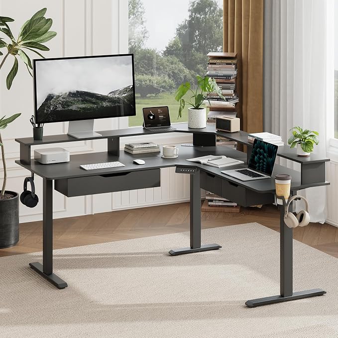 MALOL 59" L Shaped Electric Standing Desk with Drawers, Height Adjustable Desk with Power Outlets & LED Lights, Monitor Stand, Corner Computer Desk for Home Office, Black