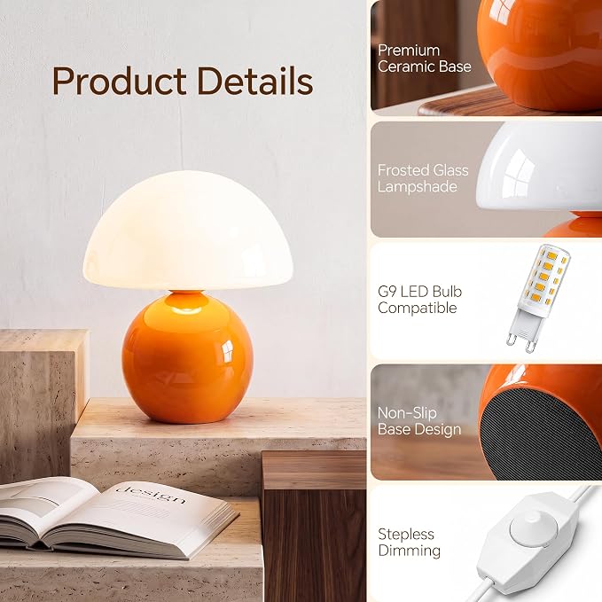 Mushroom Lamp Table Lamp for Bedroom,Desk Bedside Small Lamps for Living Room Night Stands,Mushroom Decor Cute Mini Modern Mid Century Lamps,Unique Aesthetic Home Living Room Decor(Orange)