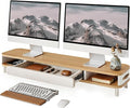 Fenge Dual Monitor Stand with Large Storage Drawer, 42.5" Dsek Shelf, Oak | Slide-Out Drawer with Soft Touch Leather, Ergonomic Monitor Riser, Aluminum leg, 2-Tier Desk Organizer for Laptop, TV, PC