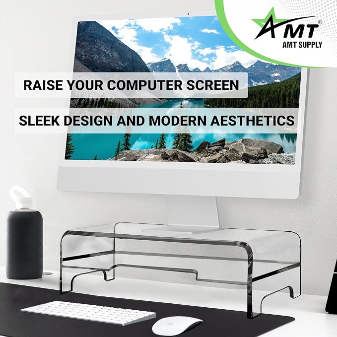 AMT Clear Acrylic Monitor Stand Riser 2 Tier, 5.5 Inches High Clear Computer Desk Organizer Shelf for Multi Media PC Storage Laptop