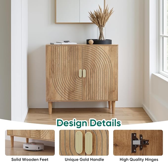 Smuxee Oak Sideboard Cabinet, Freestanding Buffet Cabinet with Line Groove Design, Wood Storage Cabinet with Adjustable Shelf for Living Room, Entryway, Hallway