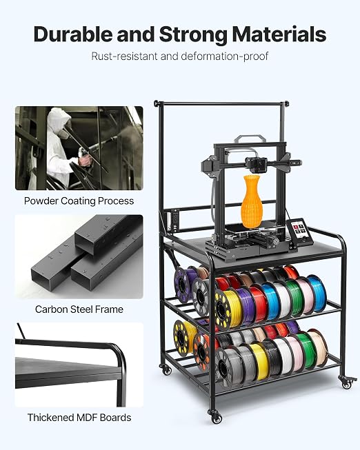 VEVOR 3D Printer Filament Storage Rack with Power Strip, 3-Tier Stand with Filament Storage, Spools Holder Racks Cart with Wheels, Filaments Organzied for 3D Printing Station, Workshop (Shelf Only) | Spool Holder Racks Cart with Wheels for 3D Printing ...