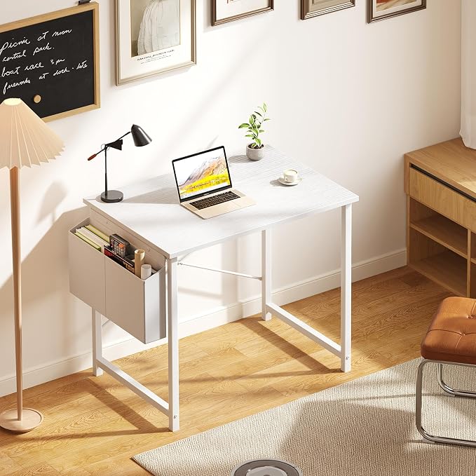 OLIXIS Small Computer Desk, 31 Inch Gaming Desks for Home Office | Writing Study Craft Work Table, Computer Workstation for Bedroom Small Spaces with Storage Bag, All White