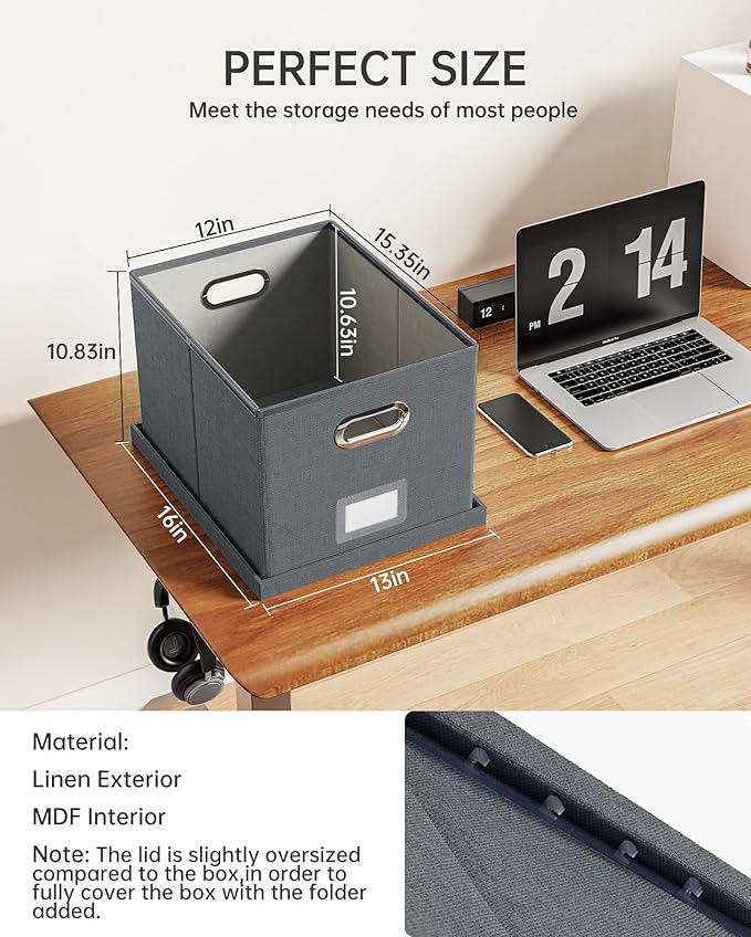 2 Pack File Storage Organizer, Filing Box, Portable File Box with Lid, Fit for Letter/Legal File Folder Storage, Document Organizer, Dark-gray