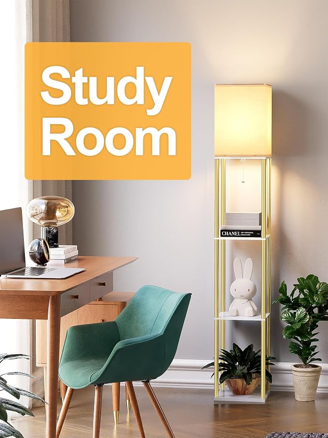 Floor Lamp with Shelves, Modern Corner Display Standing Column Shelf Lamp Etagere Organizer Tower Nightstand with White Linen Shade for Living Room, Bedroom and Office, Marble White and Gold Poles