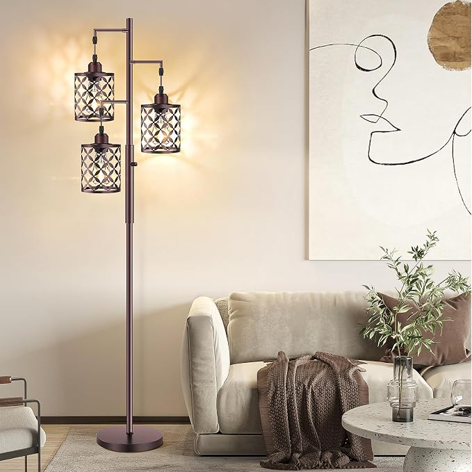 Dimmable Floor Lamp, Farmhouse Standing Lamp with Elegant Metal Cage, Industrial Tall Tree Floor Lamps for Living Room Bedroom Study Room Office, 3 x 800LM LED Bulbs Included - 68", Brown