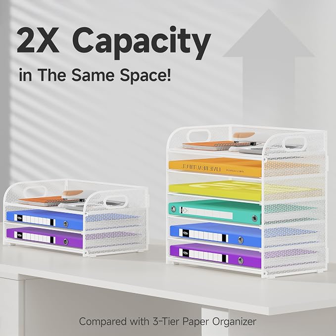 Cawukege 6 Tier Paper Organizer with Handle, Metal Desk Organizer Mesh Paper Letter Tray Desktop File Folder Document Sorter for Classroom, School, Office Accessories Storage (1, 6 Tier - White)