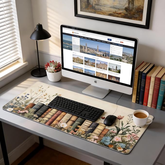 Floral Aesthetic Book Gaming Mouse Pad, Beige Vintage Botanical Desk Mat with Anti-Slip Base & Stitched Edges, Computer Keyboard & Laptop Pad, 35.4" x 15.7" in in Workstation Accessories