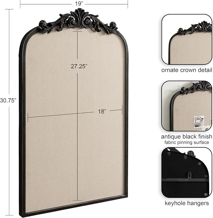 Kate and Laurel Arendahl Vintage Decorative Arched Pinboard; 19 x 31; Black; Framed Arch Ornate Bulletin Board for Unique Display; Organization; and Decor Options