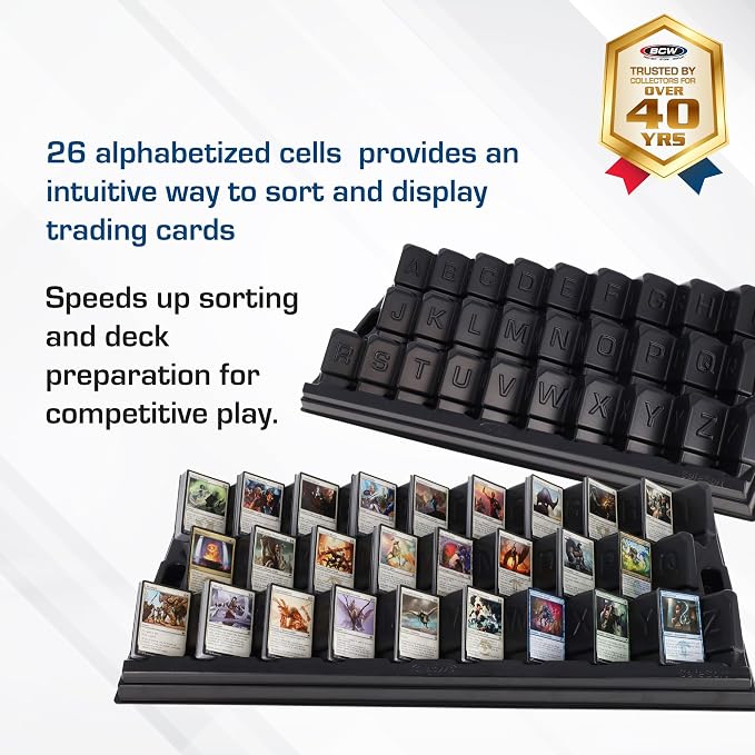 BCW SafeSort Card Sorting Tray, 26 Alphabetized Cells, Acid-Free Plastic | Sturdy tray organizes sports, TCG, deck, and board game cards with smooth edges and indented corners for safer sorting.