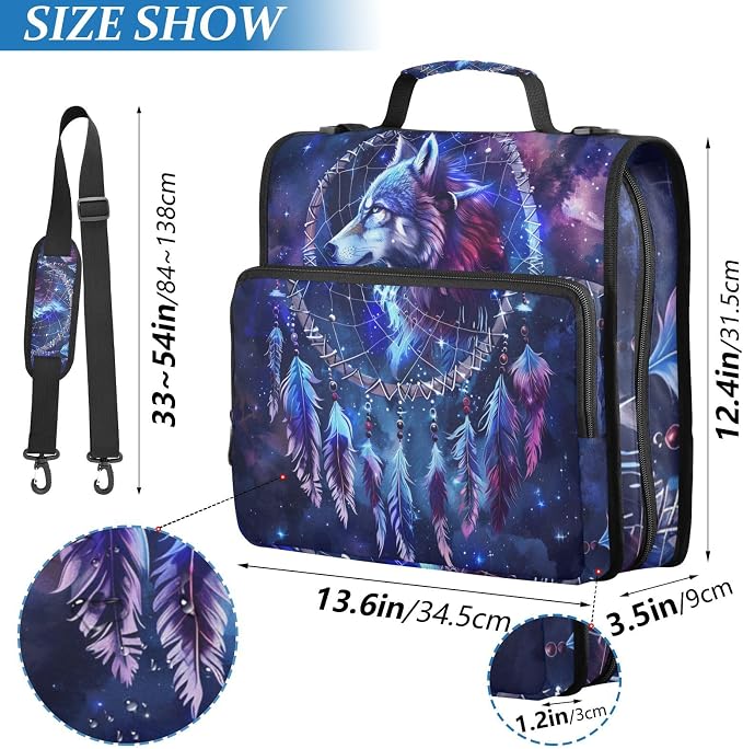 Wolf Head Dreamcatcher Galaxy 3 Ring Binder Bag 1.5 inch Binder Organizer with Zipper Shoulder Strap 500 Sheet Documents Storage for School Office