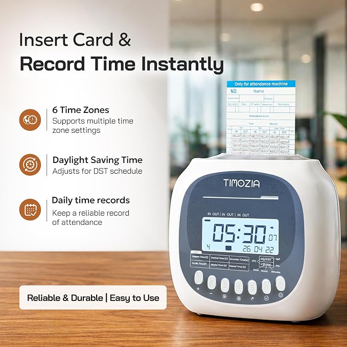 Time Clock for Employees Small Business, 6 U.S. Time Zones, Automatic Daylight Saving & Auto Time Update, Punch Card Time Recorder with 6 Punches Per Day-100 Time Cards and 2 Ribbons