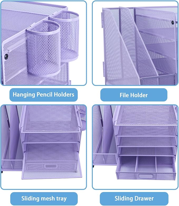 Desk Organiser with 2 Pack Magazine File Holder, 5-Tier Paper Tray Organiser with Drawer and 2 Pen Holder, Letter Tray Multifunctional for Office, School, Home - Purple