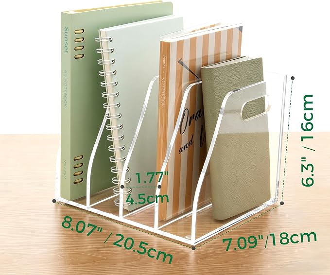 Clear Acrylic Magazine File Holder with Handles, 4-Slot Heavy-Duty Desk Organizer, Vertical Document Sorter & Book Rack for Office, Home & Classroom, Thick 5mm Tabletop Storage, 7.1x8.1x6.3 in