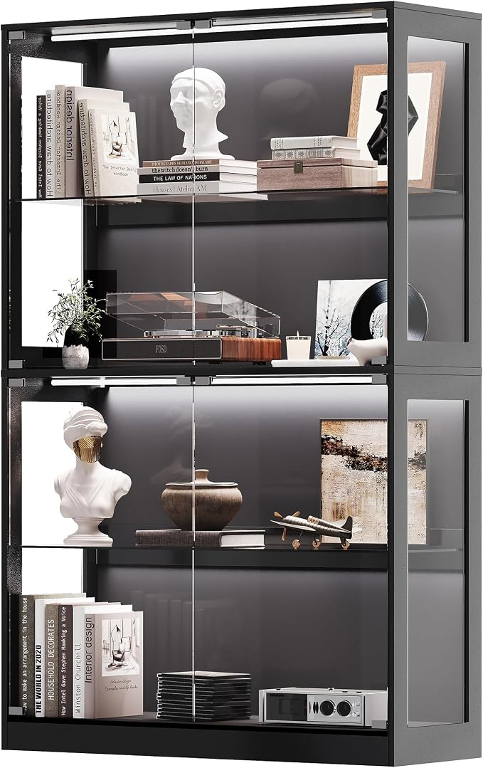 AMERLIFE 45-Inch RGB Display Cabinet with Glass Doors | 70 H x 45 W x 16 D In, 4-Tier Storage, Adjustable Glass Shelves, RGB LED Lights, Press-to-Open Doors, Black