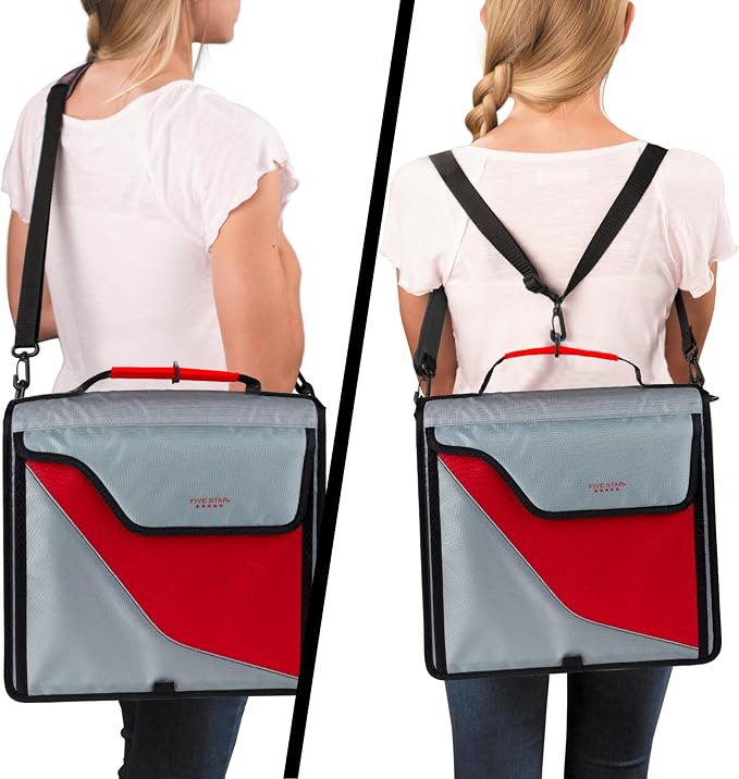 Five Star Zipper Binder, 3-Inch D-Ring Case Binder, 850-Sheet Capacity, Multiple Pockets, Front 5-Tab Expanding File, Removable Padded Case and Shoulder Strap, Crimson Fade (292960K)