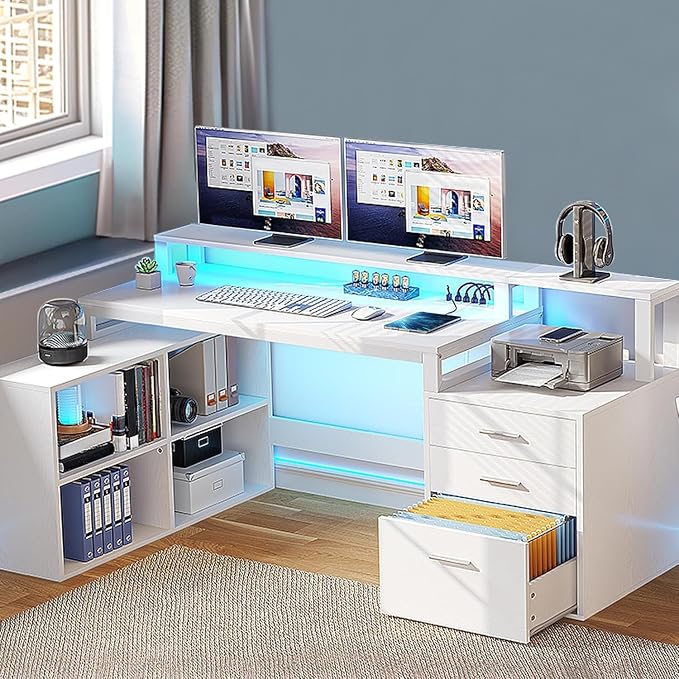 YITAHOME L Shaped Desk with 3 Drawers | 65" Corner Computer Desk with Power Outlets & LED Lights, L-Shaped Desk with File Cabinet & Printer Stand for Home Office