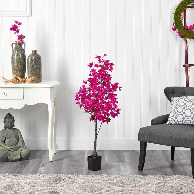 Nearly Natural 4ft. Bougainvillea Artificial Tree, Pink, 19 in. W x 9 in. D x 48 in. H | Vividly Colored Flowers, Realistic Brown Trunk, Housed in a Nursery Planter, Indoor Home Office and Kitchen Decor