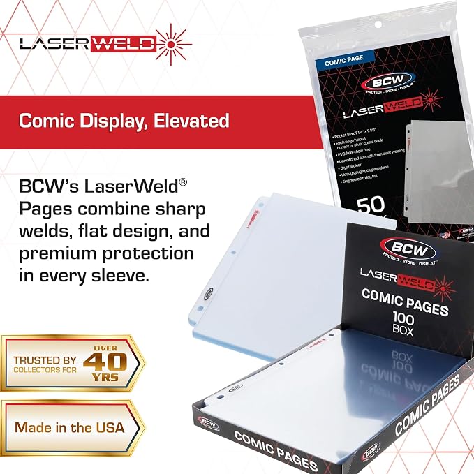 BCW LaserWeld Comic Book Sleeves | 50 Pack | 1-Pocket Pages for 3 Ring Binder | Top Loading, Crystal Clear, Acid-Free, Archival Storage