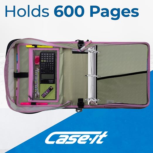 Case-it School Zipper Binder | 3" O-Rings | 600-Sheet | D-146 Fun Flowers | Mighty Zip Tab, 5-Subject Expanding File Folder, Multiple Pockets, Storage Organizer, Shoulder Strap, Office