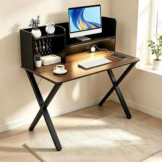 Lightdot 44" ×24" Black Home Office Computer Desk with Charging Ports, Study Gaming Desk with Hutch Pegboard & Motion Sensor Light, Student Writing Desk with Storage for Home Office Bedroom