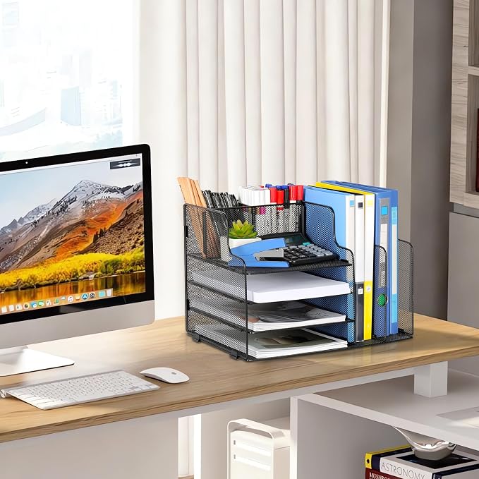 4-Tier Desk Organizer and Accessories with 2 File Holder Storage, Metal File Organizer for Desk with 2 Pen Holder, Office Organization for Paper, Document, Stationery Storage, Black