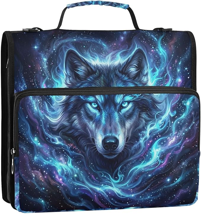 Wolf Space Star Pattern 3 Ring Zipper Binder with Shoulder Strap & Handle 2 Inch D-Ring Zippered Binder Bag with Multiple Pocket & Pencil Pouch, Binder Organizer for School or Office