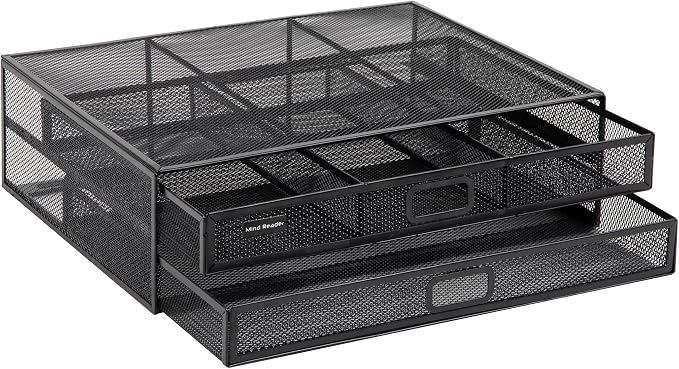 Mind Reader Monitor Stand, Ventilated Laptop Riser, Storage Drawer, Office, Metal Mesh, Black