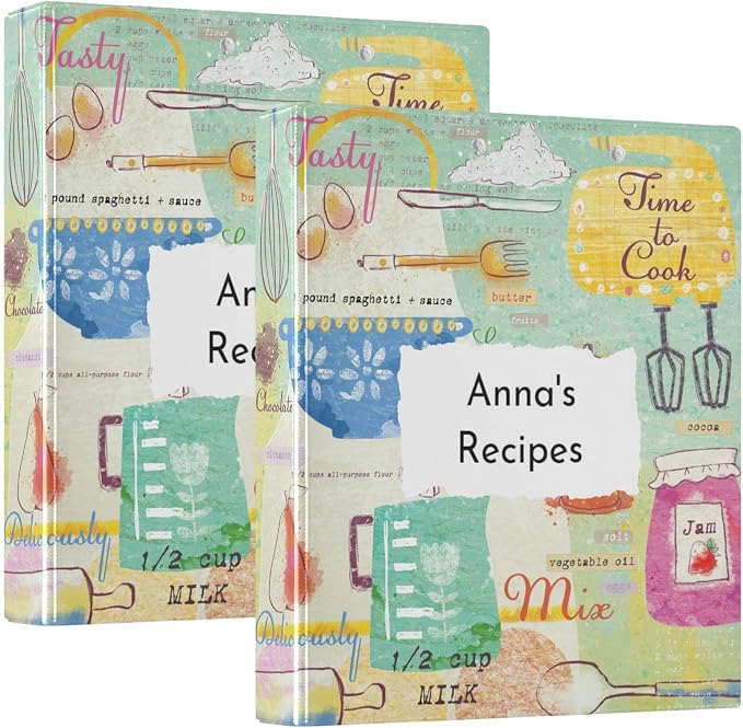Personalized Recipe Binder 8.5x11 3 Ring Recipe Binder Customizable Cookbook Binders with Clipboard&Pockets Large Recipe Organizer for Kitchen, Recipes, Family-Hand Draw Cute Kitchen Supplies, 2 Pack