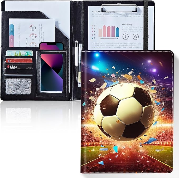 Padfolio/Portfolio Folder Clipboard,Padfolio Clipboard,Writing Portfolio Leather with Cover for Card Holder Slot Letter Size A4 for Office Conference Notepad Clip Boards,Football