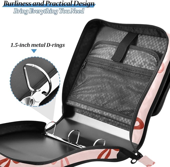 3 Ring Zipper Binder with Shoulder Strap Cute Red Bows Pink B 1.5 inch Binders Keeper Large Capacity Multi Pockets for School Office Supplies