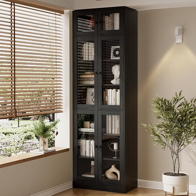 TUSY 85.5" Modern Tall Bookcase with Glass Doors, 7-Tier Wood Bookshelf with Storage for Home Office, Large Curio Cabinet for Living Room, Office, Bedroom, Family Room (Black, A)