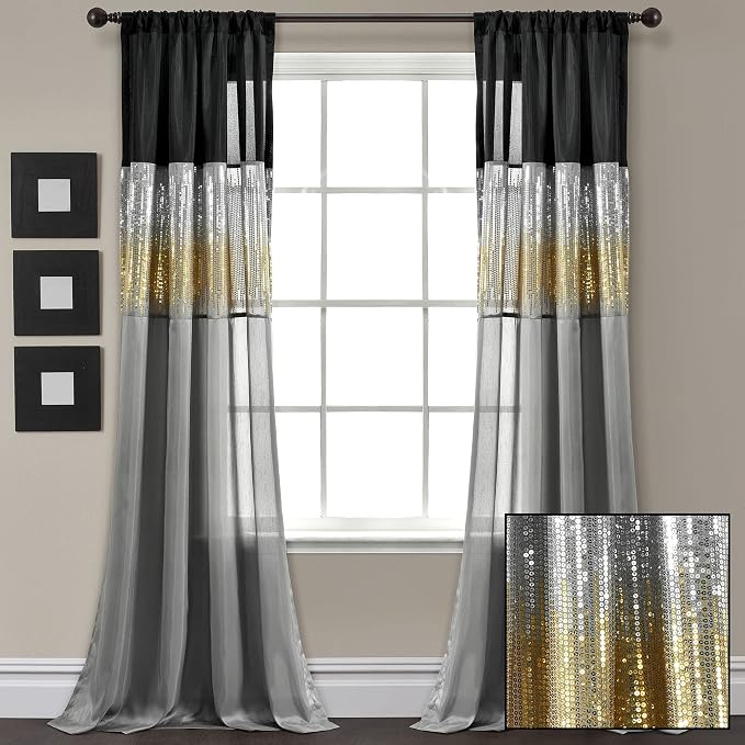 Lush Decor Night Sky Window Curtain Panel, Single 42"W x 95"L Black & Gold - Sequin Backdrop Curtain - Room Darkening Curtains For Bedroom - Glam Decor