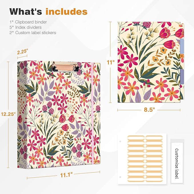 Ospelelf 3 Ring Binder, 1.5 Inch, Cute Floral Binder for Letter Size (11" x 8.5") with 5 Tab Dividers, File Folder Labels and Low Profile Clipboards
