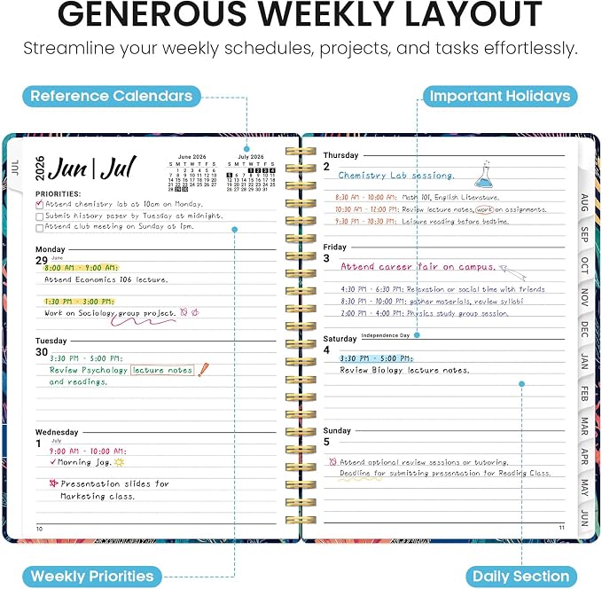 Planner 2026-2027, Monthly & Weekly Jul 2026-Jun 2027 Calendar Book | 6.3" x 8.5", Hardcover Spiral Planner with Tabs, School & Daily Pretty Agenda for Women, Students, Teachers, Ocean Whirl