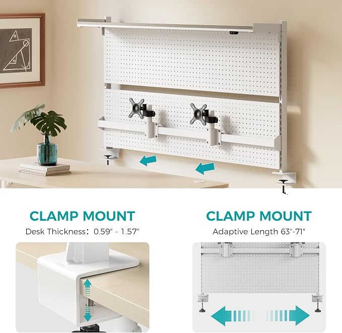 EUREKA ERGONOMIC Desk Pegboard Dual Monitor Stand 59x34 White | Large steel pegboard with dual monitor stands, LED lighting, privacy panel and modular accessories for gaming desks