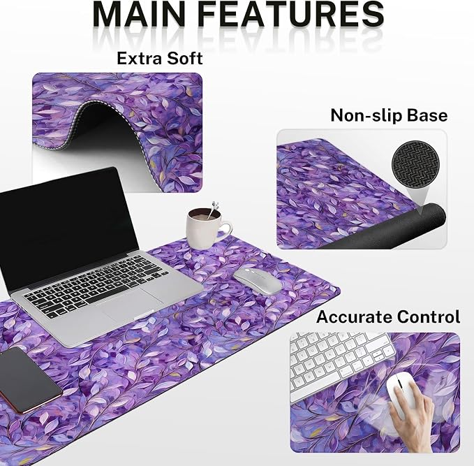 Keyboard Mouse Pad Set, 4 in 1 Desk Mat Set, Purple Leaves Oil | Large Mousepad+Keyboard Wrist Rest+Mouse Wrist Rest+Coaster Ergonomic Design for Home Office Computer