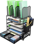 Simple Trending 5 Tier Mesh Desk File Organizer, Paper Letter Tray File Holder with Sliding Drawer Organizer for Office Home, Black